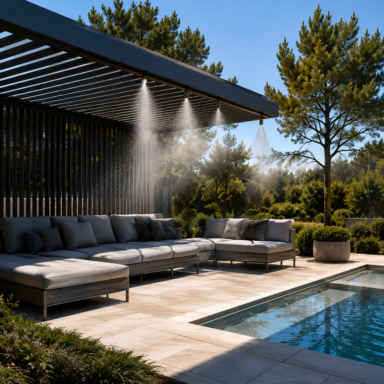 Brumisation sous une pergola près d’une piscine