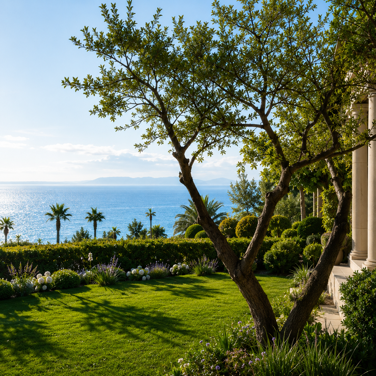 Jardin arboré d’une propriété avec vue sur la mer